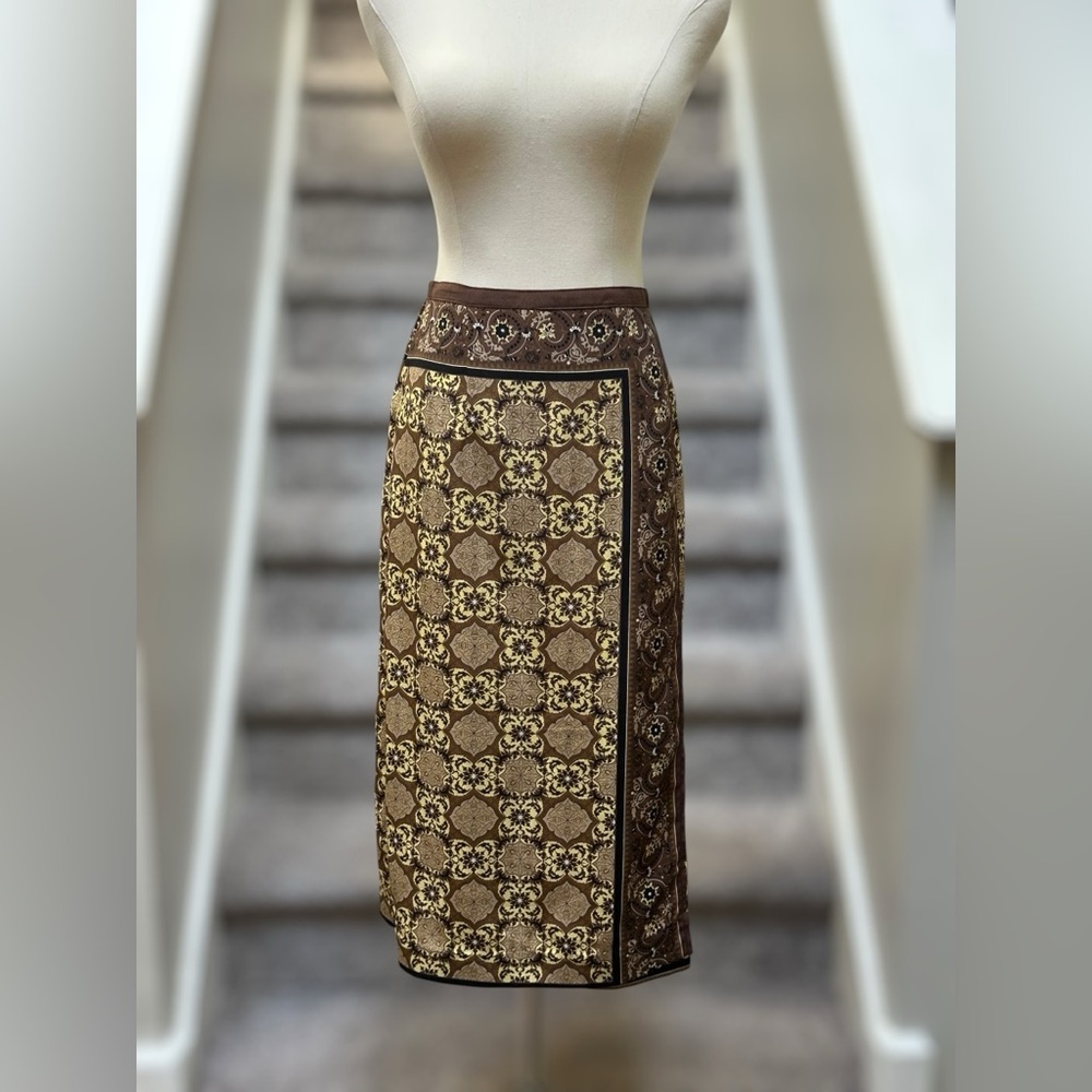 Vintage Sag Harbor Faux Wrap Midi Skirt Brown Geometric Baroque Print Women’s 10